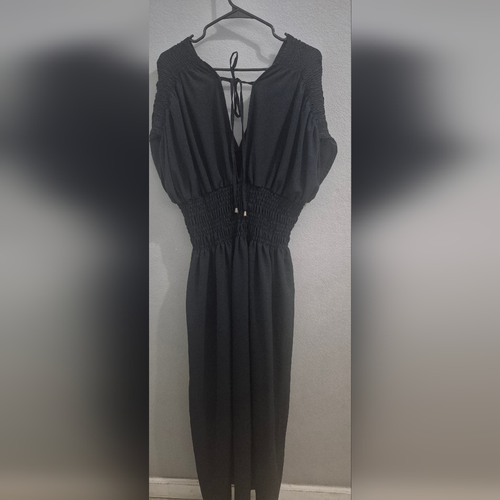 Black V-Neck Smocked Waist Maxi Dress - Picture 2 of 4